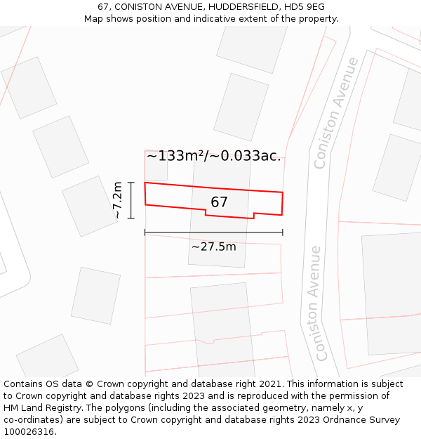 67, CONISTON AVENUE, HUDDERSFIELD, HD5 9EG: Plot and title map