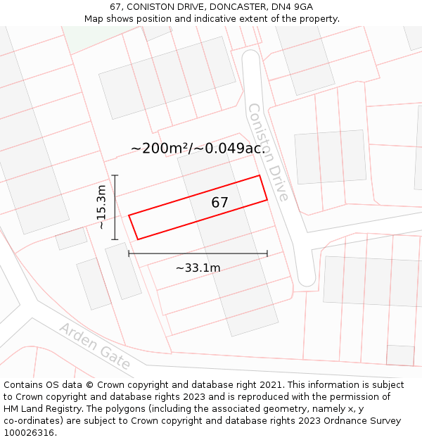 67, CONISTON DRIVE, DONCASTER, DN4 9GA: Plot and title map