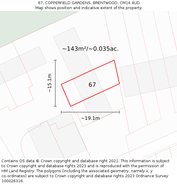 67, COPPERFIELD GARDENS, BRENTWOOD, CM14 4UD: Plot and title map