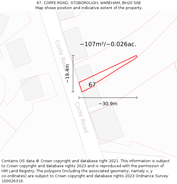 67, CORFE ROAD, STOBOROUGH, WAREHAM, BH20 5AE: Plot and title map