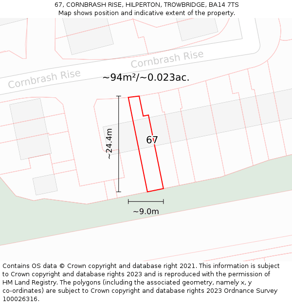 67, CORNBRASH RISE, HILPERTON, TROWBRIDGE, BA14 7TS: Plot and title map