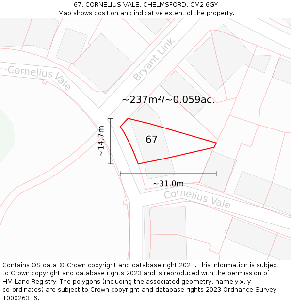 67, CORNELIUS VALE, CHELMSFORD, CM2 6GY: Plot and title map