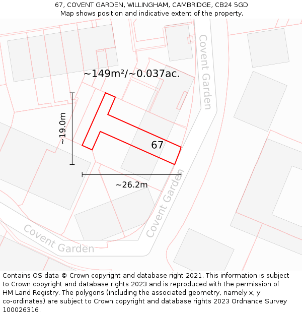 67, COVENT GARDEN, WILLINGHAM, CAMBRIDGE, CB24 5GD: Plot and title map