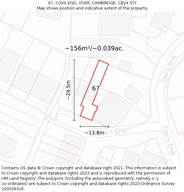 67, COXS END, OVER, CAMBRIDGE, CB24 5TY: Plot and title map