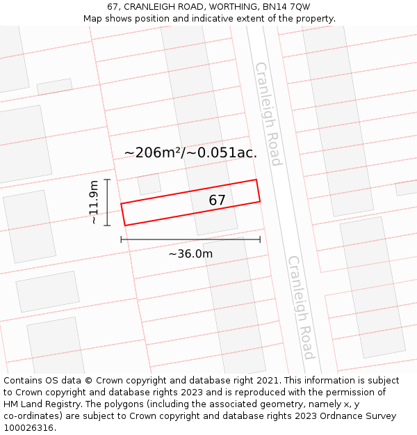 67, CRANLEIGH ROAD, WORTHING, BN14 7QW: Plot and title map
