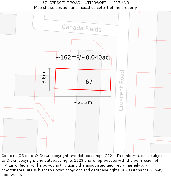 67, CRESCENT ROAD, LUTTERWORTH, LE17 4NR: Plot and title map