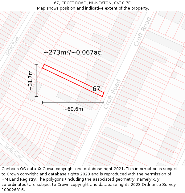 67, CROFT ROAD, NUNEATON, CV10 7EJ: Plot and title map