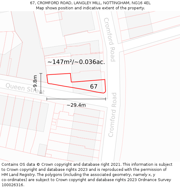 67, CROMFORD ROAD, LANGLEY MILL, NOTTINGHAM, NG16 4EL: Plot and title map