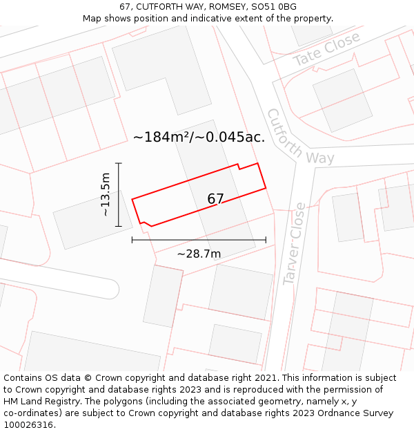 67, CUTFORTH WAY, ROMSEY, SO51 0BG: Plot and title map