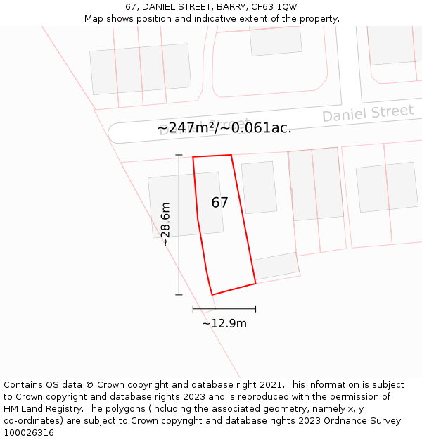 67, DANIEL STREET, BARRY, CF63 1QW: Plot and title map
