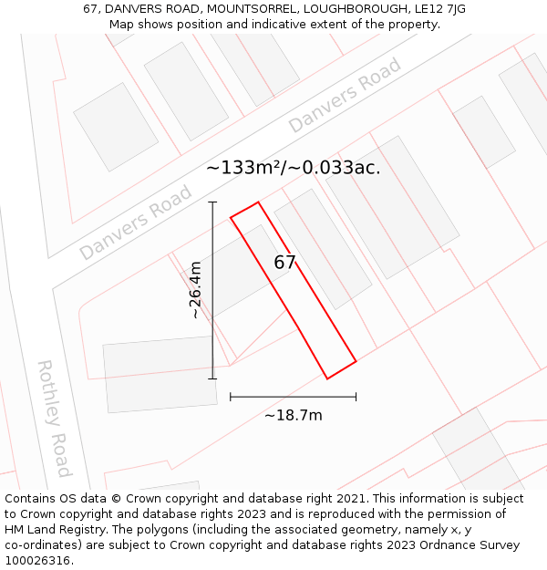 67, DANVERS ROAD, MOUNTSORREL, LOUGHBOROUGH, LE12 7JG: Plot and title map