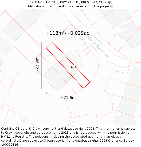 67, DAVIS AVENUE, BRYNCETHIN, BRIDGEND, CF32 9JL: Plot and title map