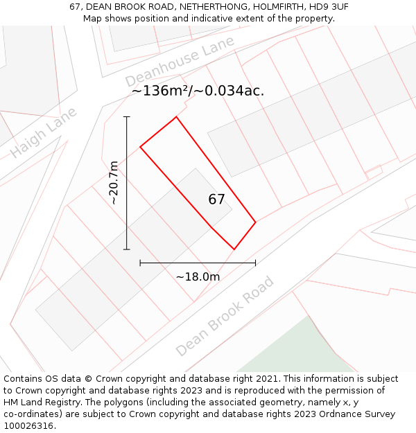 67, DEAN BROOK ROAD, NETHERTHONG, HOLMFIRTH, HD9 3UF: Plot and title map