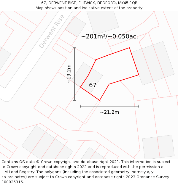 67, DERWENT RISE, FLITWICK, BEDFORD, MK45 1QR: Plot and title map