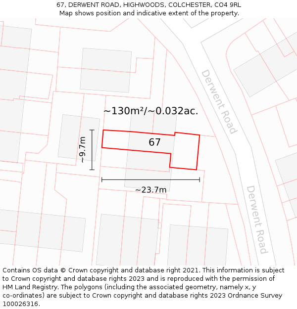 67, DERWENT ROAD, HIGHWOODS, COLCHESTER, CO4 9RL: Plot and title map