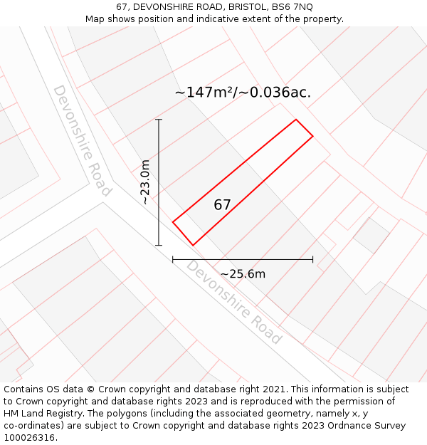 67, DEVONSHIRE ROAD, BRISTOL, BS6 7NQ: Plot and title map