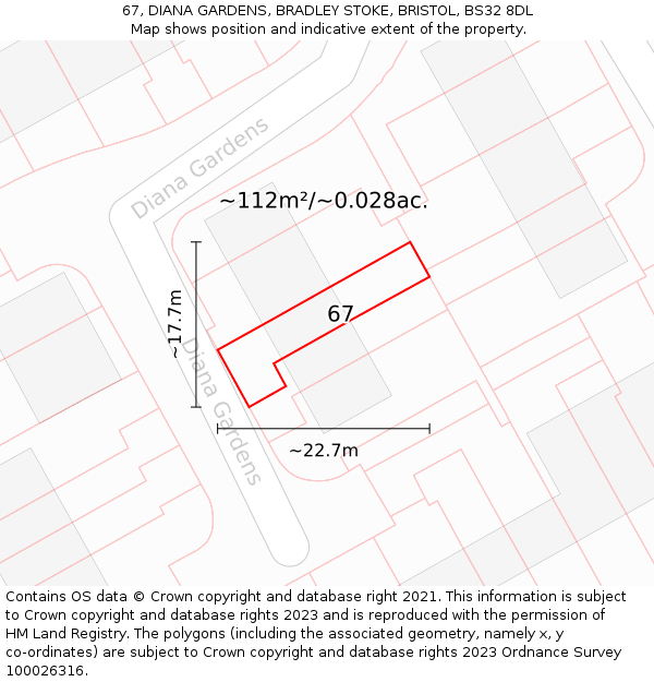 67, DIANA GARDENS, BRADLEY STOKE, BRISTOL, BS32 8DL: Plot and title map