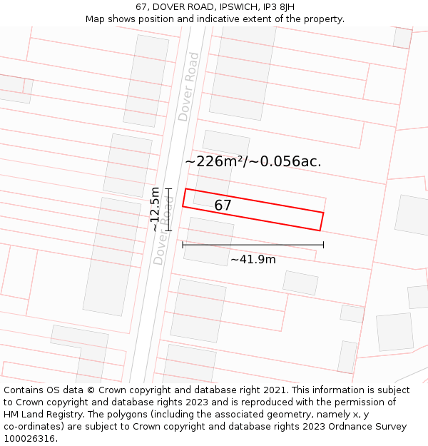 67, DOVER ROAD, IPSWICH, IP3 8JH: Plot and title map