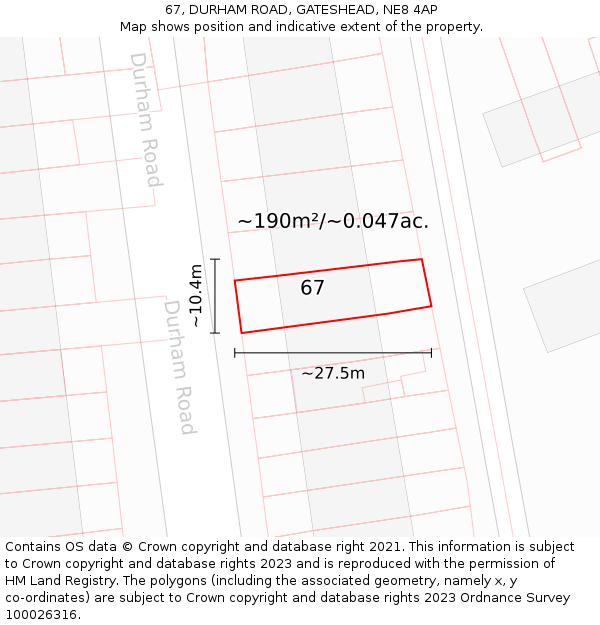 67, DURHAM ROAD, GATESHEAD, NE8 4AP: Plot and title map
