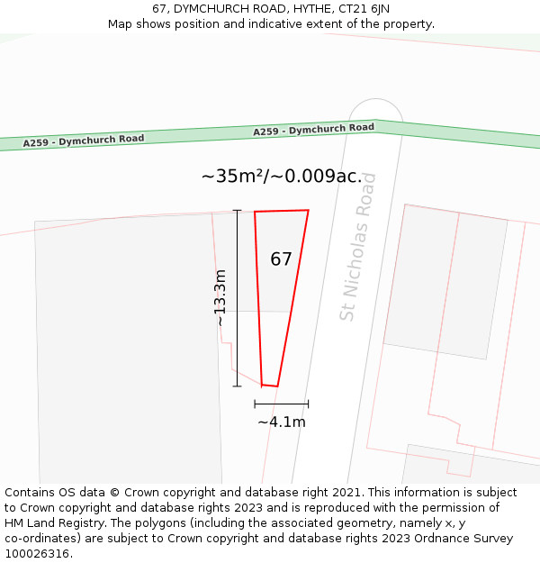 67, DYMCHURCH ROAD, HYTHE, CT21 6JN: Plot and title map