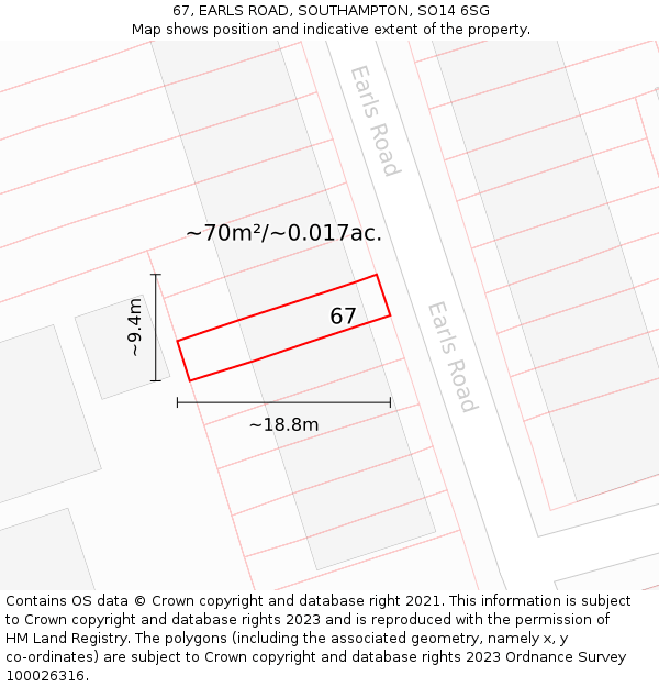 67, EARLS ROAD, SOUTHAMPTON, SO14 6SG: Plot and title map