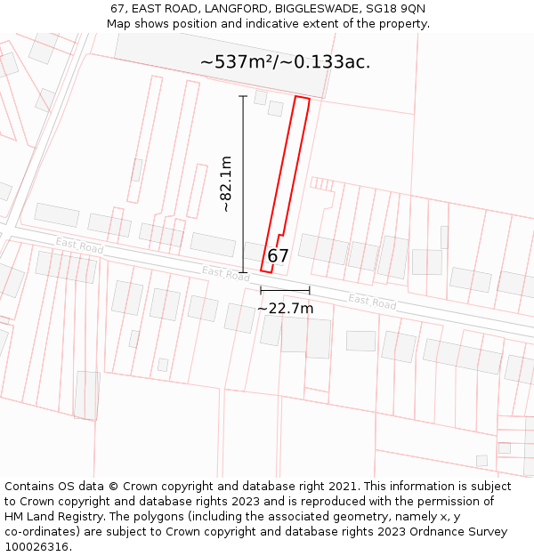 67, EAST ROAD, LANGFORD, BIGGLESWADE, SG18 9QN: Plot and title map