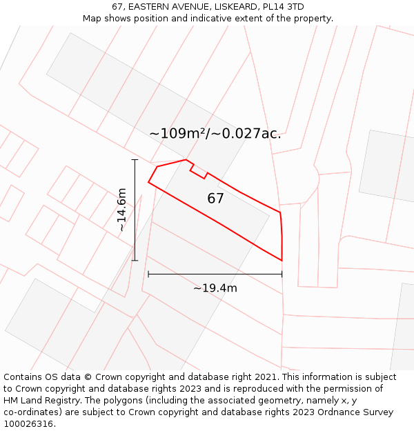 67, EASTERN AVENUE, LISKEARD, PL14 3TD: Plot and title map
