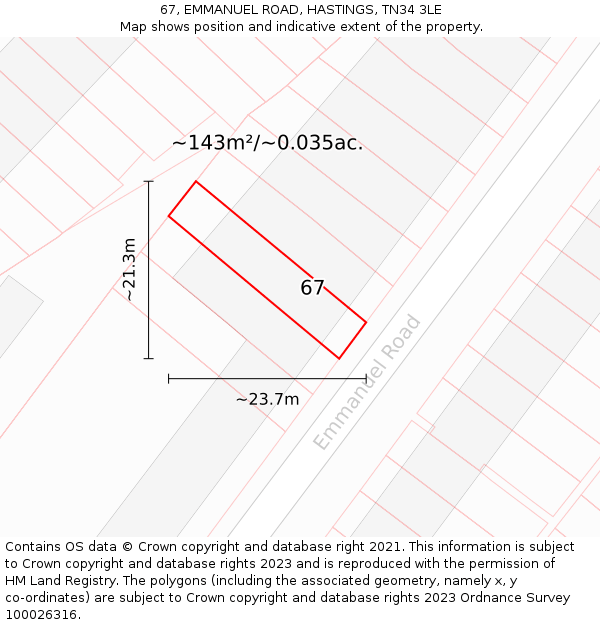 67, EMMANUEL ROAD, HASTINGS, TN34 3LE: Plot and title map