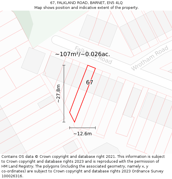 67, FALKLAND ROAD, BARNET, EN5 4LQ: Plot and title map