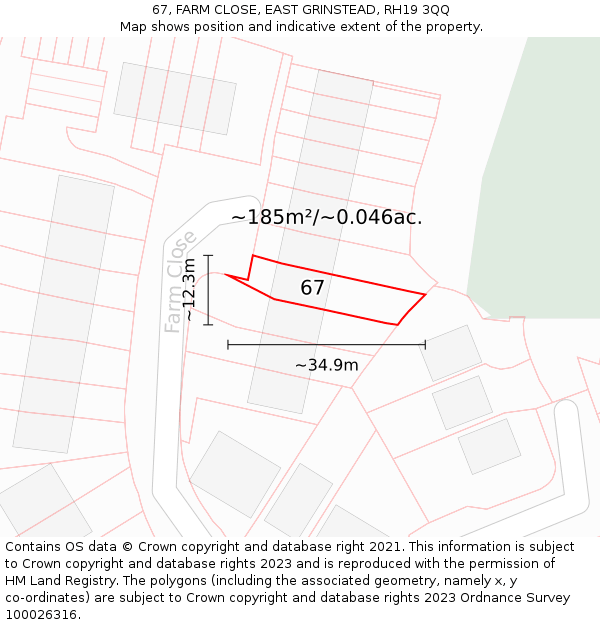 67, FARM CLOSE, EAST GRINSTEAD, RH19 3QQ: Plot and title map