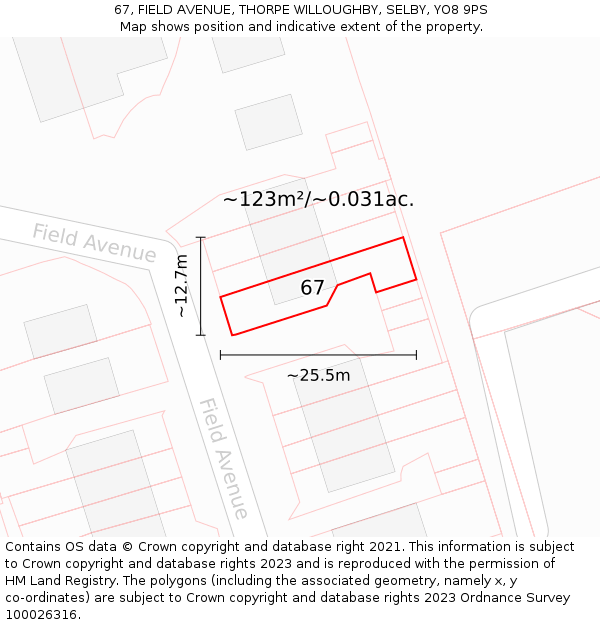 67, FIELD AVENUE, THORPE WILLOUGHBY, SELBY, YO8 9PS: Plot and title map