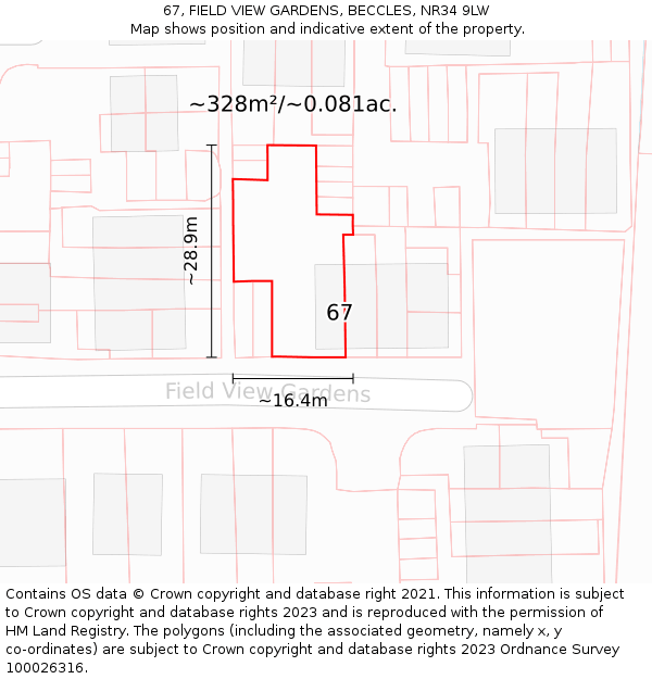 67, FIELD VIEW GARDENS, BECCLES, NR34 9LW: Plot and title map