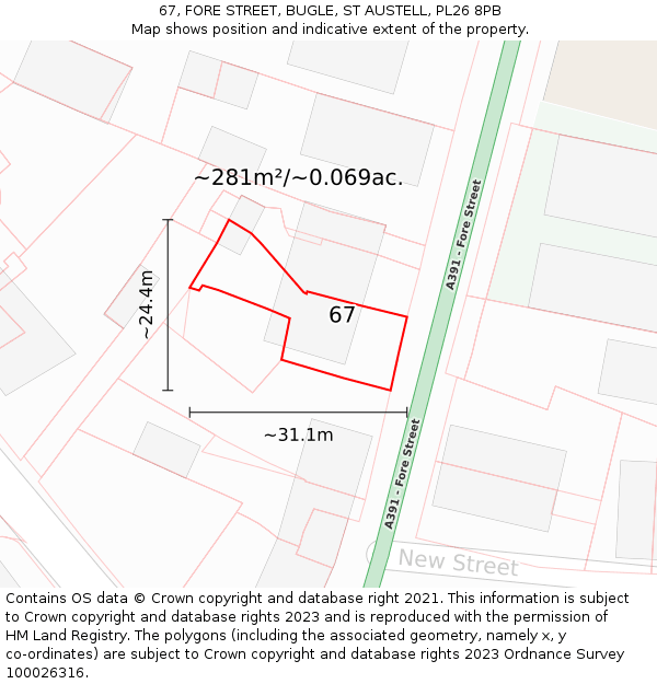 67, FORE STREET, BUGLE, ST AUSTELL, PL26 8PB: Plot and title map