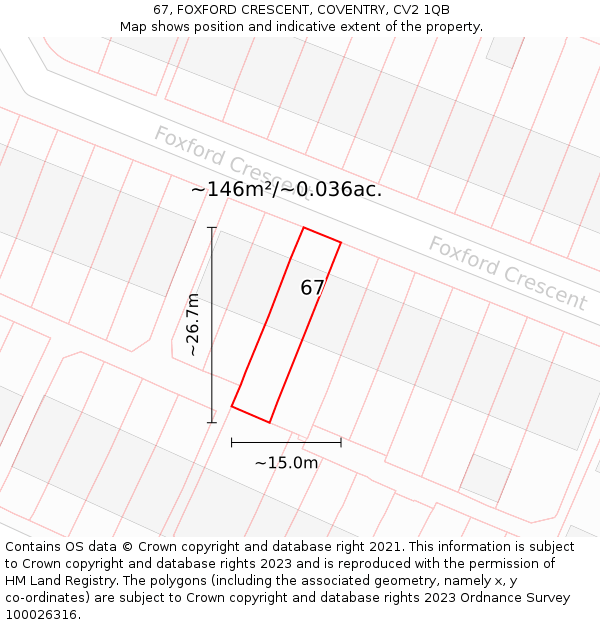 67, FOXFORD CRESCENT, COVENTRY, CV2 1QB: Plot and title map