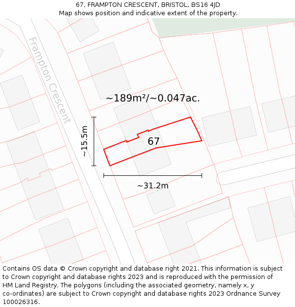 67, FRAMPTON CRESCENT, BRISTOL, BS16 4JD: Plot and title map