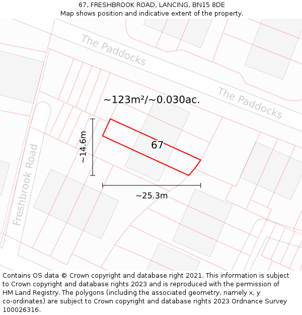67, FRESHBROOK ROAD, LANCING, BN15 8DE: Plot and title map
