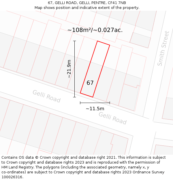 67, GELLI ROAD, GELLI, PENTRE, CF41 7NB: Plot and title map