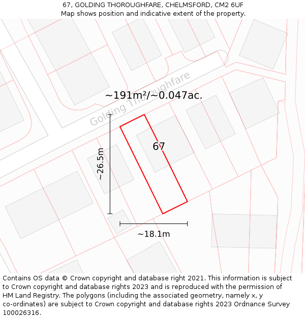 67, GOLDING THOROUGHFARE, CHELMSFORD, CM2 6UF: Plot and title map