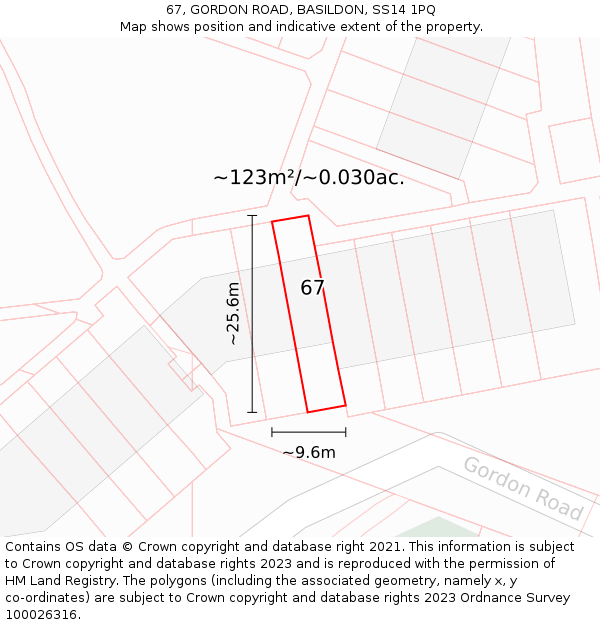 67, GORDON ROAD, BASILDON, SS14 1PQ: Plot and title map