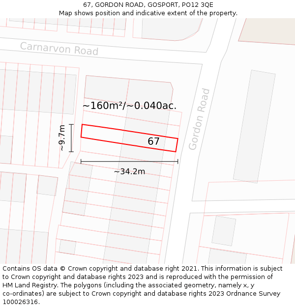 67, GORDON ROAD, GOSPORT, PO12 3QE: Plot and title map