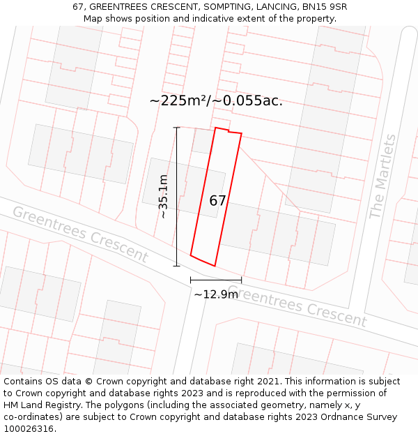 67, GREENTREES CRESCENT, SOMPTING, LANCING, BN15 9SR: Plot and title map