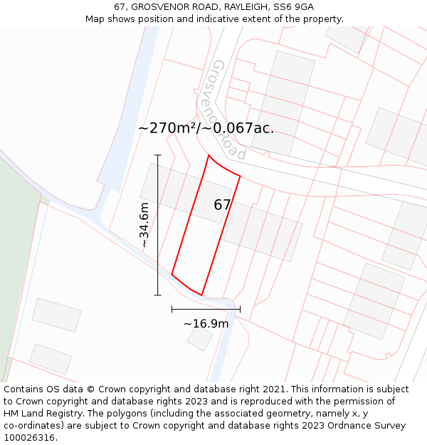 67, GROSVENOR ROAD, RAYLEIGH, SS6 9GA: Plot and title map