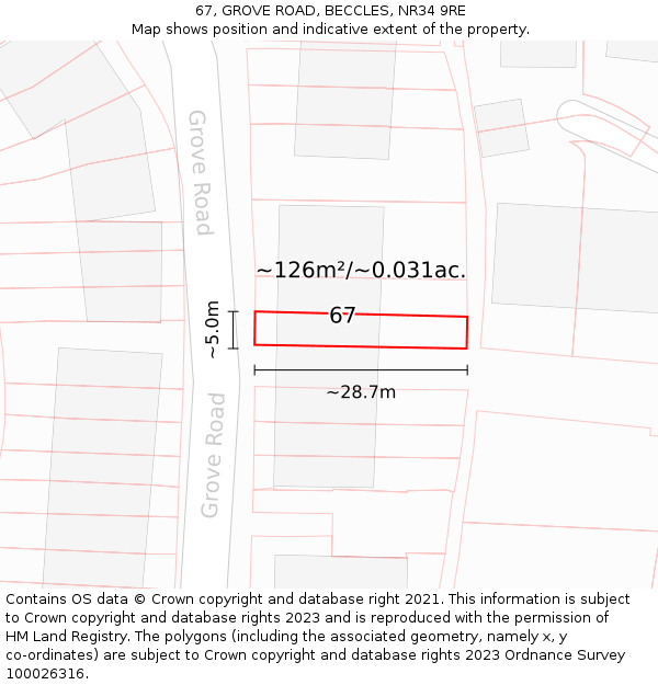 67, GROVE ROAD, BECCLES, NR34 9RE: Plot and title map