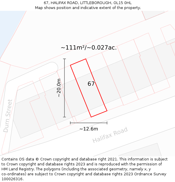 67, HALIFAX ROAD, LITTLEBOROUGH, OL15 0HL: Plot and title map