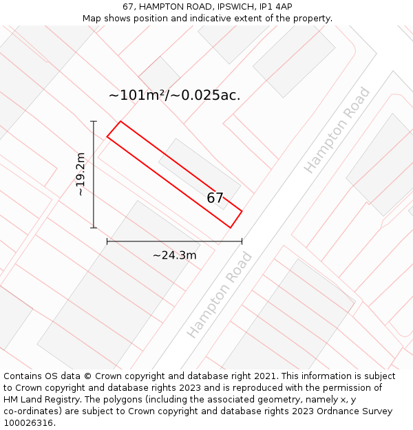 67, HAMPTON ROAD, IPSWICH, IP1 4AP: Plot and title map