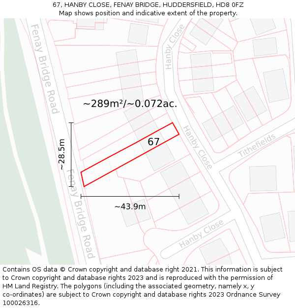 67, HANBY CLOSE, FENAY BRIDGE, HUDDERSFIELD, HD8 0FZ: Plot and title map