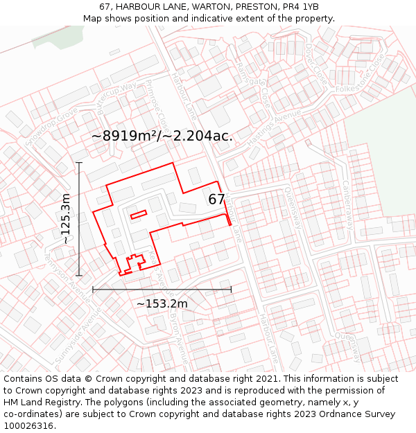 67, HARBOUR LANE, WARTON, PRESTON, PR4 1YB: Plot and title map