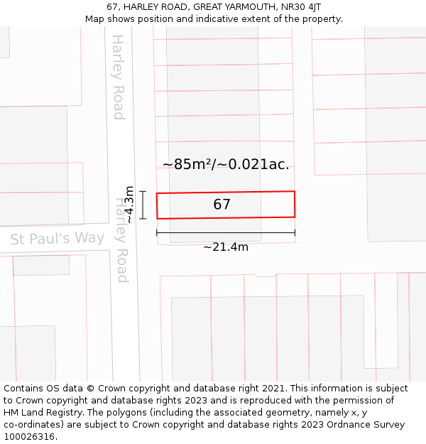 67, HARLEY ROAD, GREAT YARMOUTH, NR30 4JT: Plot and title map