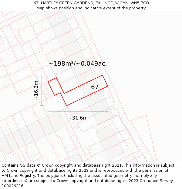 67, HARTLEY GREEN GARDENS, BILLINGE, WIGAN, WN5 7GB: Plot and title map