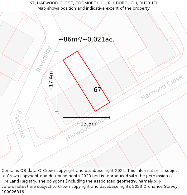 67, HARWOOD CLOSE, CODMORE HILL, PULBOROUGH, RH20 1FL: Plot and title map